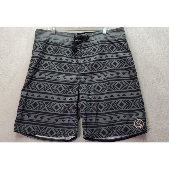 Life is Good Board Shorts Men Size 40 Gray Aztec Print Polyester Logo Drawstring - Picture 1 of 8